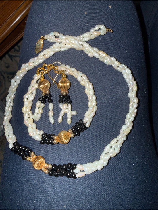 Jewelry - Handmade Pearl and Black Bead Necklace & Earring Set - Gold Accents